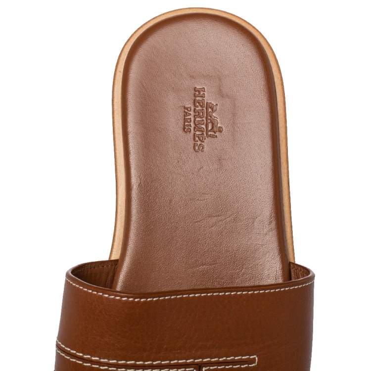 Pre Owned Hermes Brown Leather Flat Sandals Size 40