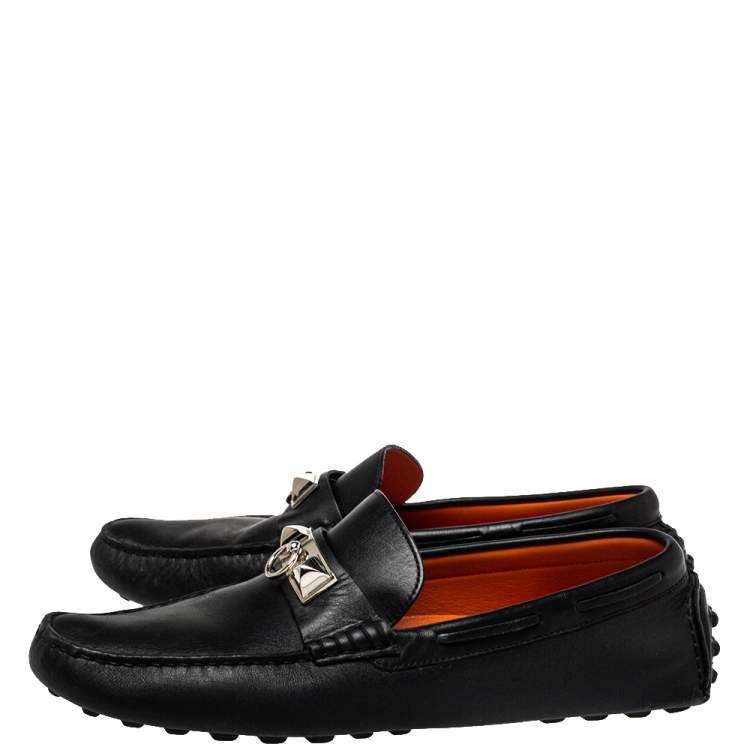 Pre Owned Hermes Black Leather Slip On Irving Loafers Size 41