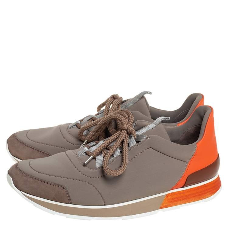 Pre Owned Hermés Grey/Orange Neoprene And Leather Miles Low Top Sneakers Size 44.5