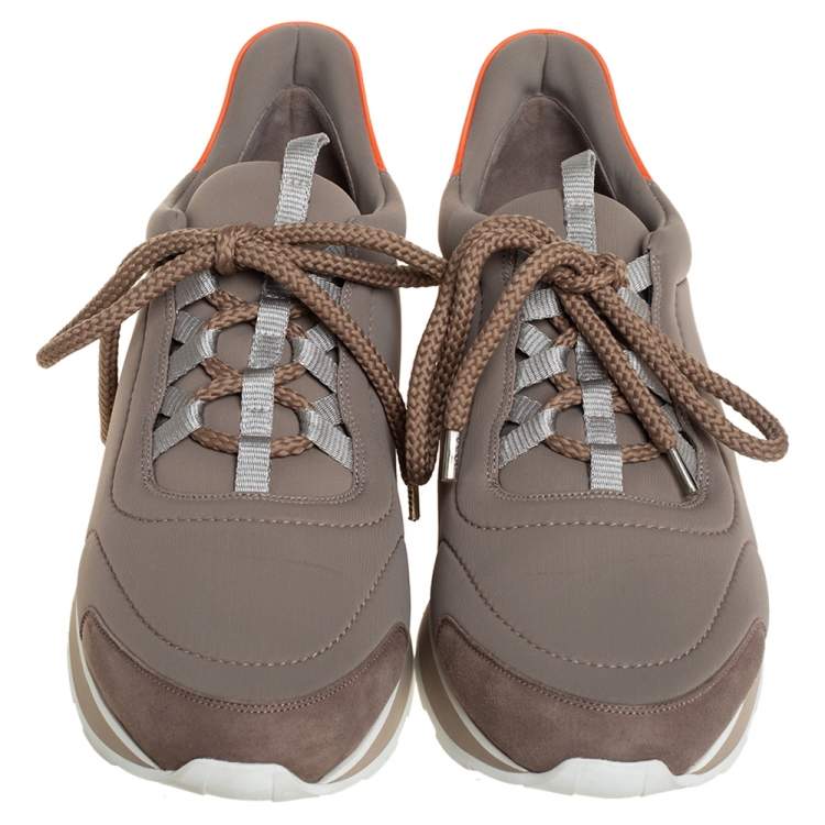 Pre Owned Hermés Grey/Orange Neoprene And Leather Miles Low Top Sneakers Size 44.5