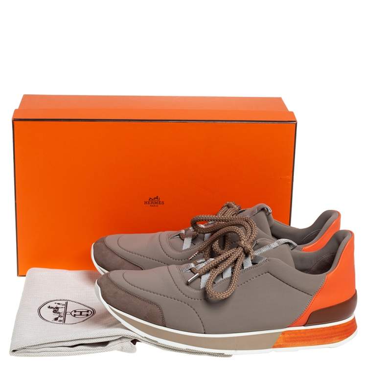 Pre Owned Hermés Grey/Orange Neoprene And Leather Miles Low Top Sneakers Size 44.5