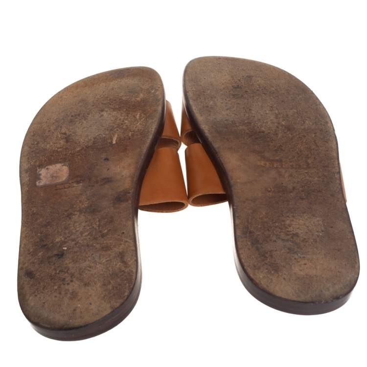 Pre Owned Hermes Brown Leather Izmir Flat Slides Size 42