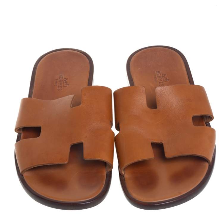 Pre Owned Hermes Brown Leather Izmir Flat Slides Size 42