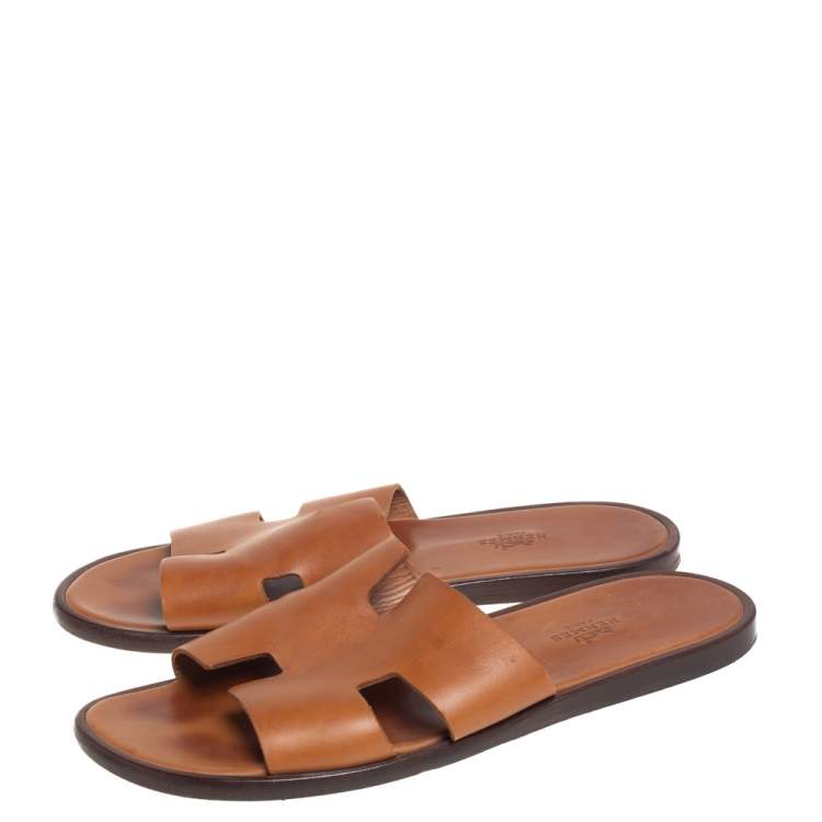 Pre Owned Hermes Brown Leather Izmir Flat Slides Size 42