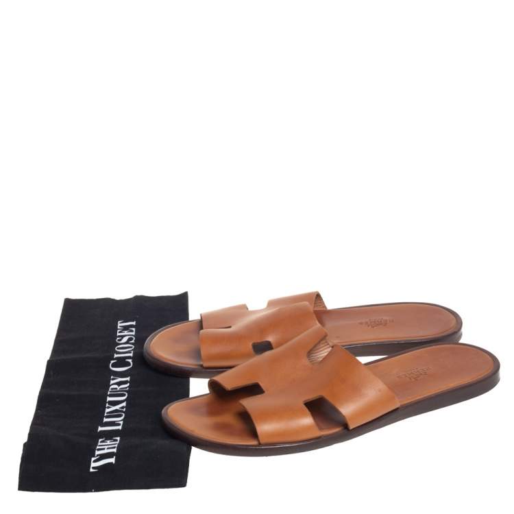 Pre Owned Hermes Brown Leather Izmir Flat Slides Size 42