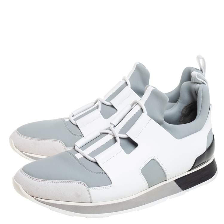 Pre Owned Hermes Grey/White Leather And Fabric Player Sneakers Size 42