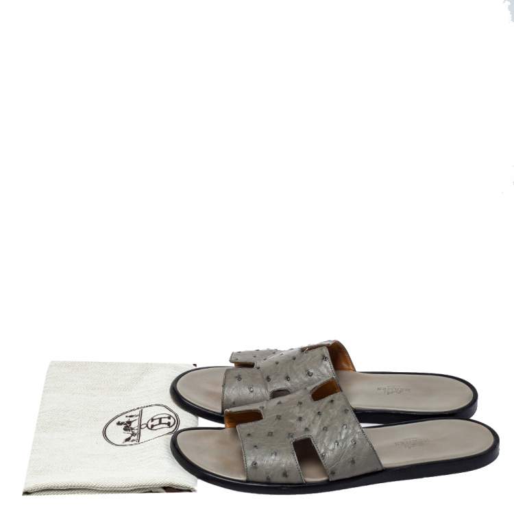 Pre Owned Hermes Grey Ostrich Leather Izmir Sandals Size 42