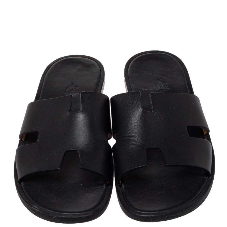 Pre Owned Hermes Black Leather Izmir Slide Sandal Size 42.5