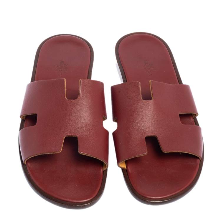 Pre Owned Hermes Red Leather Izmir Flat Slides Size 42