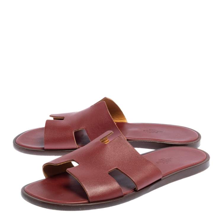 Pre Owned Hermes Red Leather Izmir Flat Slides Size 42