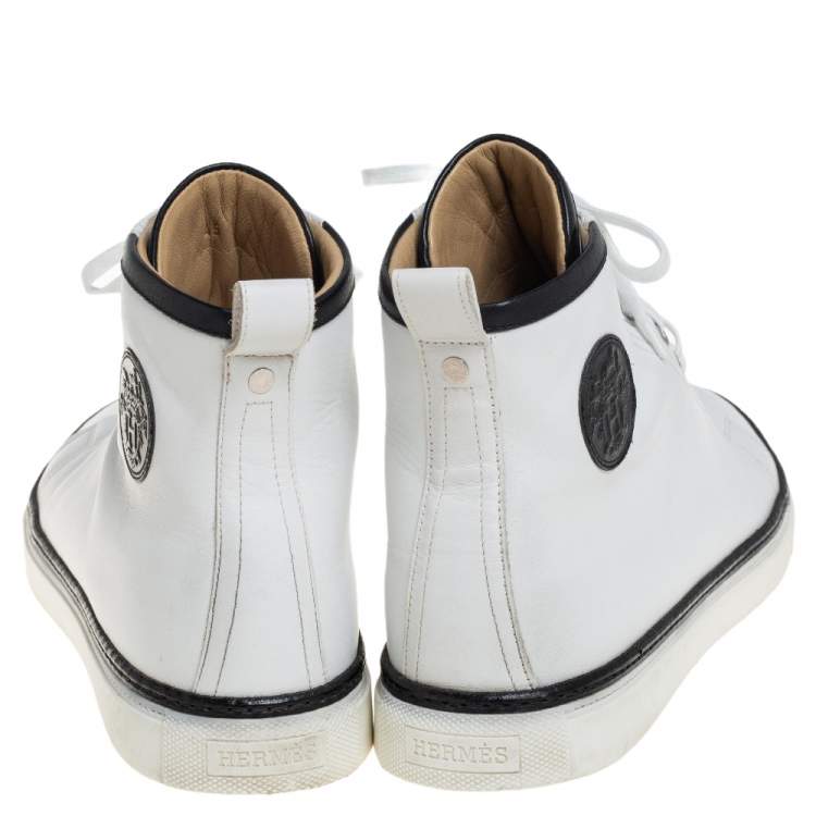 Pre Owned Hermes White Leather Cap Toe High Top Sneakers Size 45