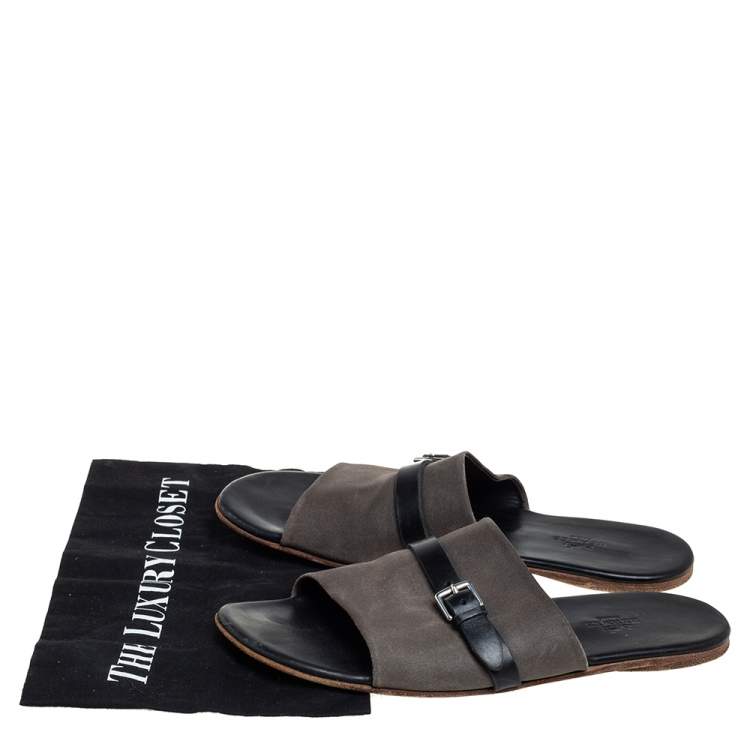 Pre Owned Hermes Grey/Black Suede And Leather Slide Sandals Size 41 