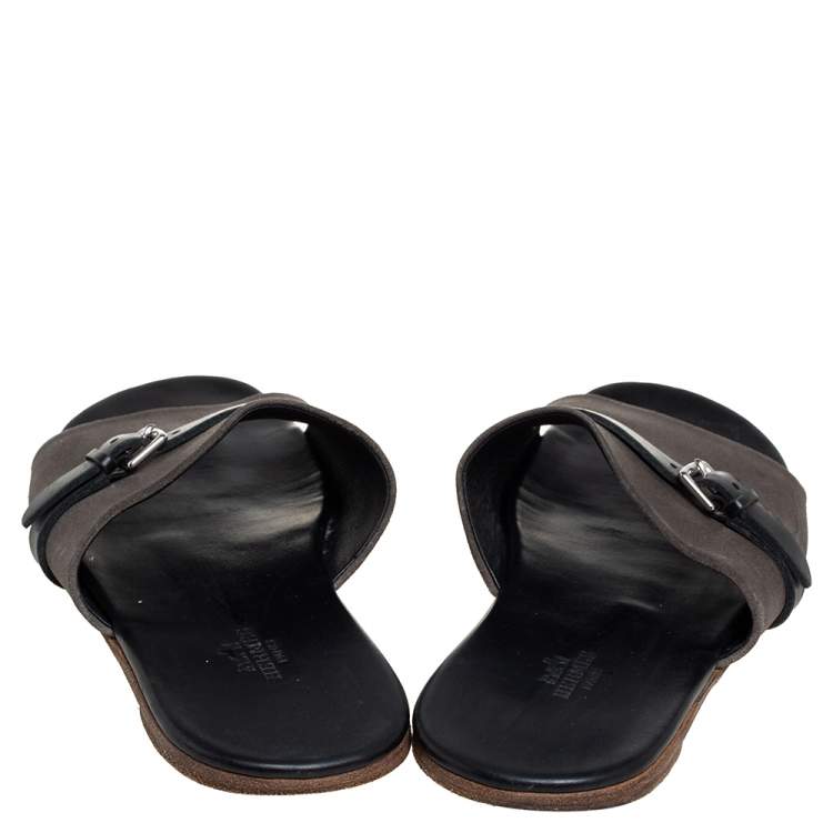 Pre Owned Hermes Grey/Black Suede And Leather Slide Sandals Size 41 