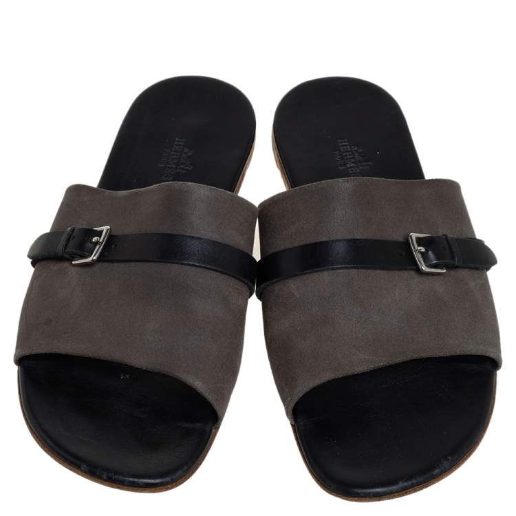 Hermes Grey/Black Suede And Leather Slide Sandals Size 41 Hermes | The ...