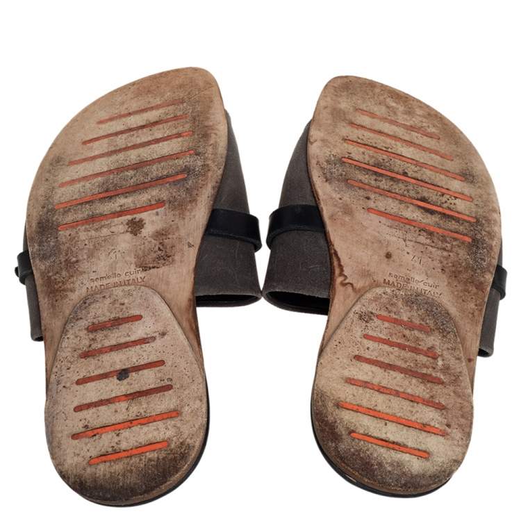 Pre Owned Hermes Grey/Black Suede And Leather Slide Sandals Size 41 