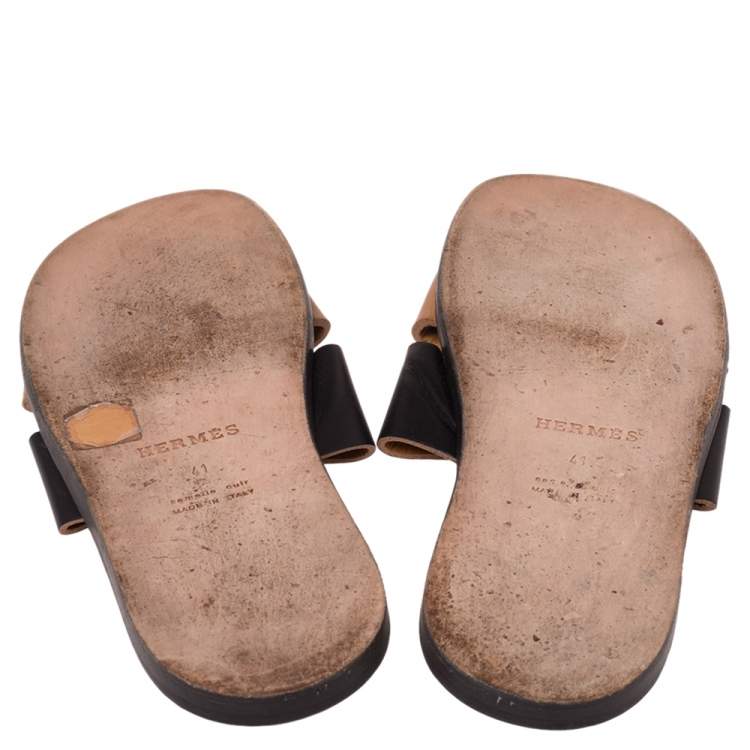 Pre Owned Hermes Tan/Black Leather Izmir Sandals Size 41