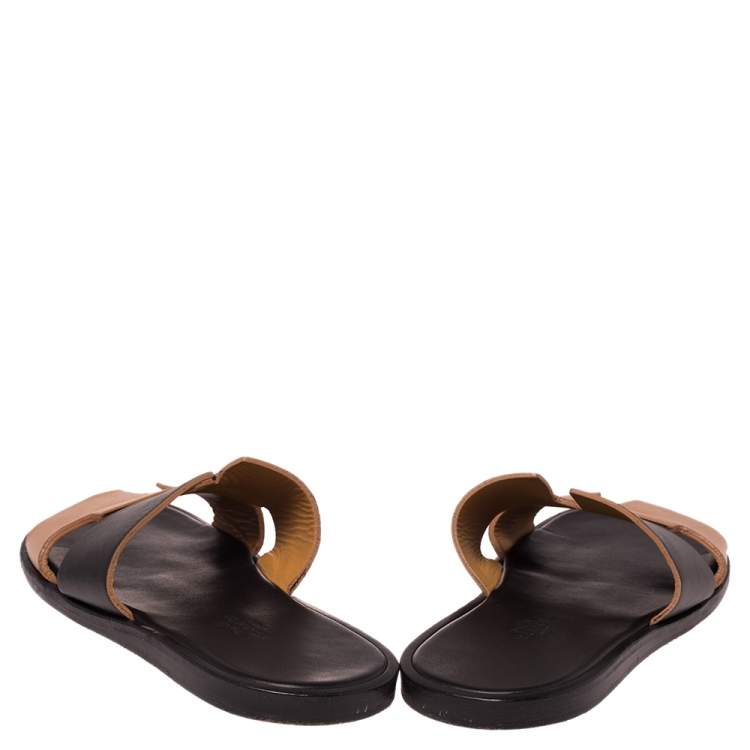 Pre Owned Hermes Tan/Black Leather Izmir Sandals Size 41