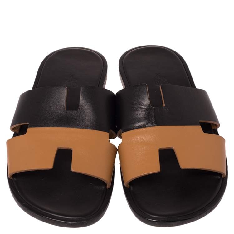 Pre Owned Hermes Tan/Black Leather Izmir Sandals Size 41