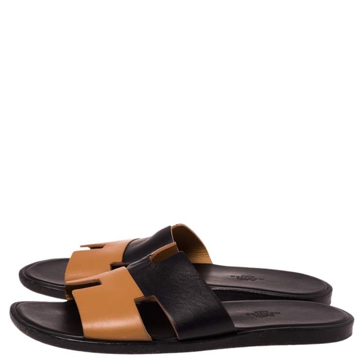 Pre Owned Hermes Tan/Black Leather Izmir Sandals Size 41