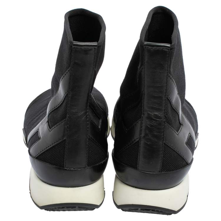 Pre Owned Hermes Black Knit Fabric And Leather Soft High Top Sneakers Size 43.5