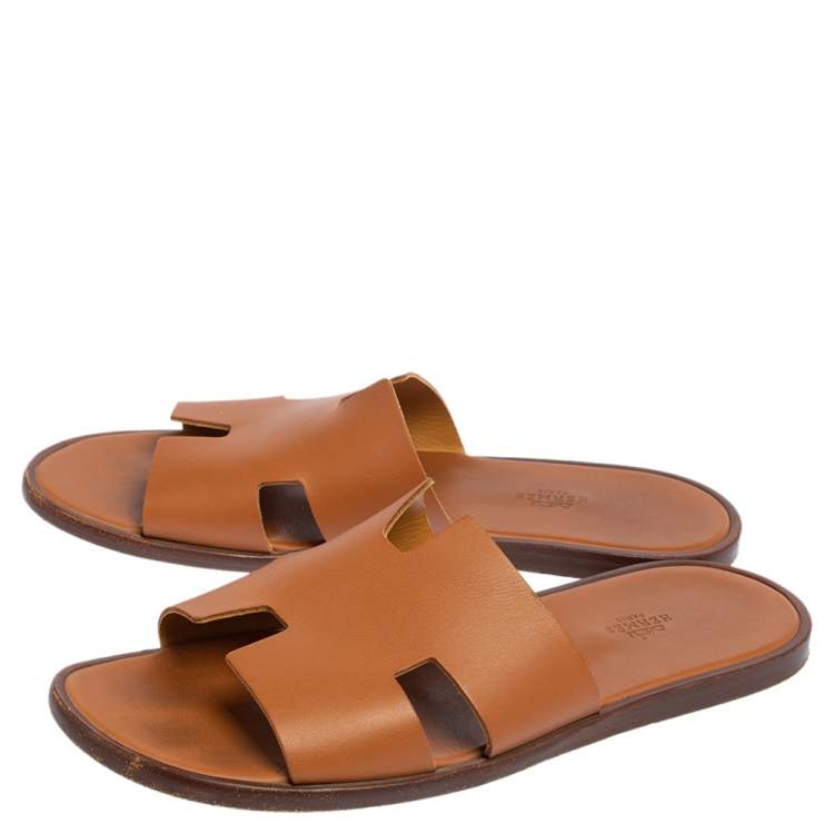Pre Owned Hermes Tan Leather Izmir Flat Slides Size 44