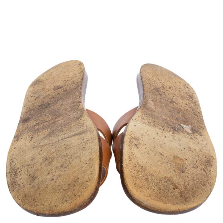 Pre Owned Hermes Tan Leather Izmir Flat Slides Size 44