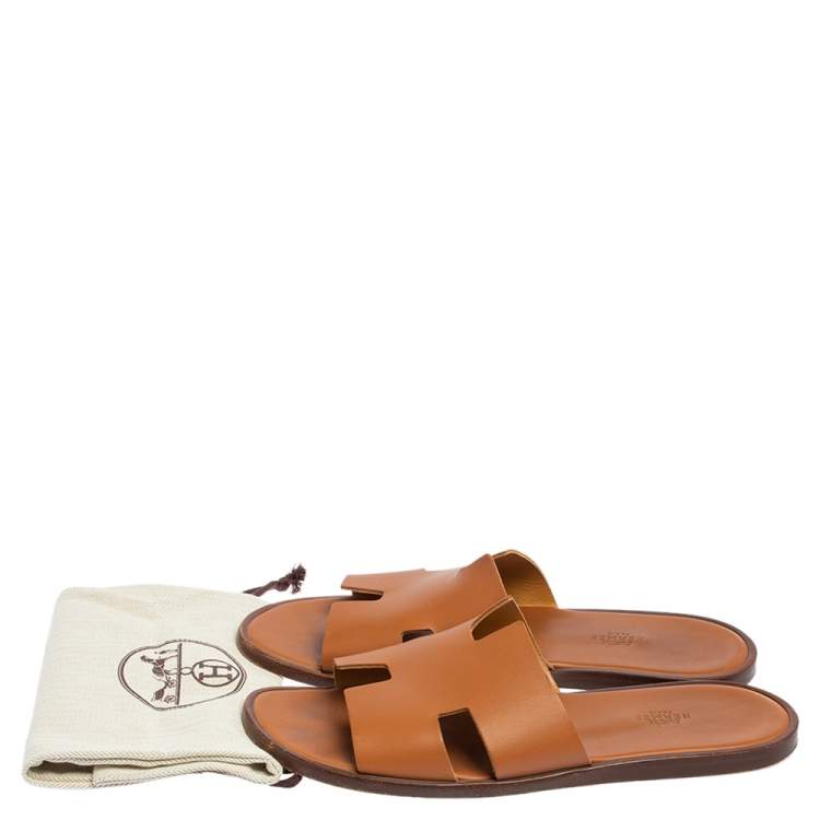 Pre Owned Hermes Tan Leather Izmir Flat Slides Size 44