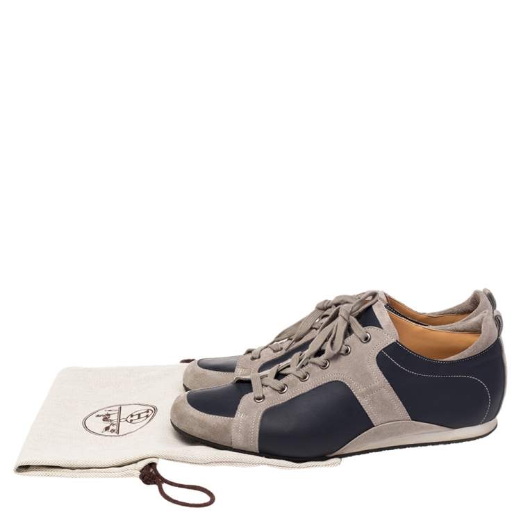 Pre Owned Hermes Navy Blue/Grey Leather and Suede Lace Up Sneakers Size 43