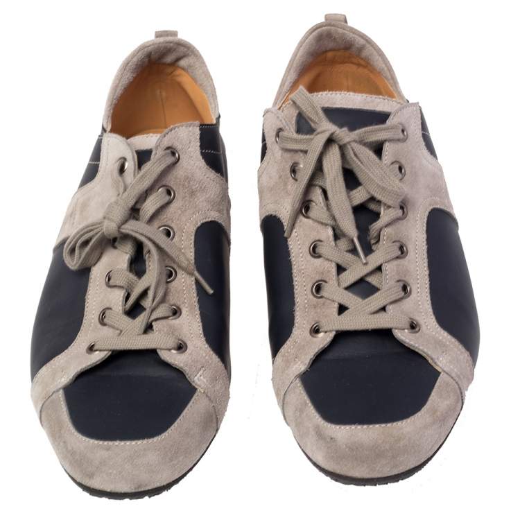 Pre Owned Hermes Navy Blue/Grey Leather and Suede Lace Up Sneakers Size 43