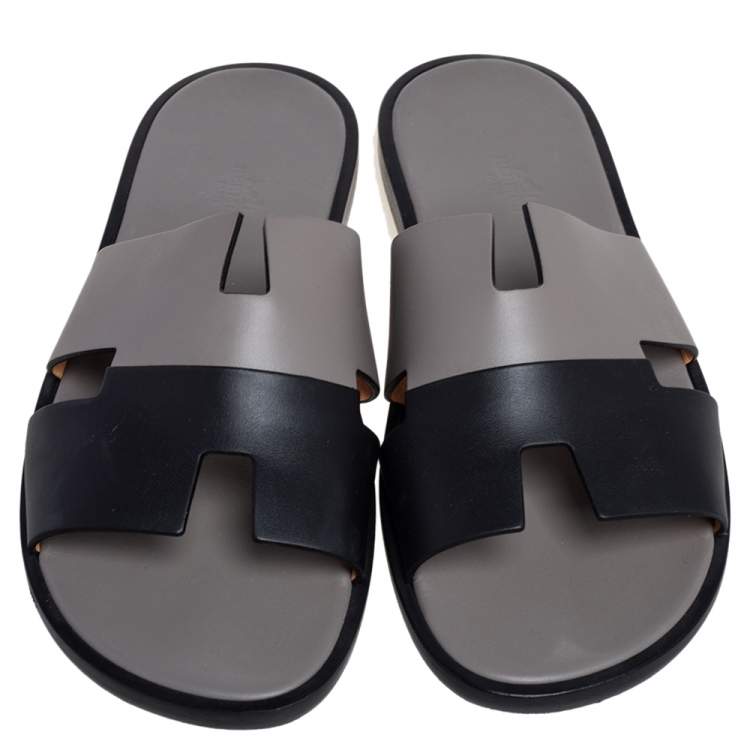 Pre Owned Hermes Grey/Black Leather Izmir Sandals Size 43