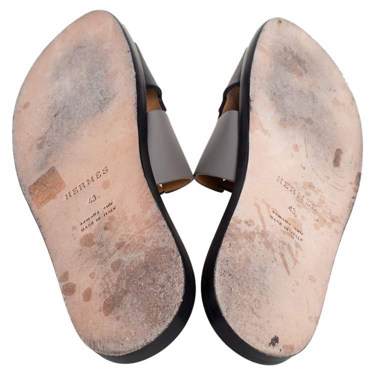 Pre Owned Hermes Grey/Black Leather Izmir Sandals Size 43