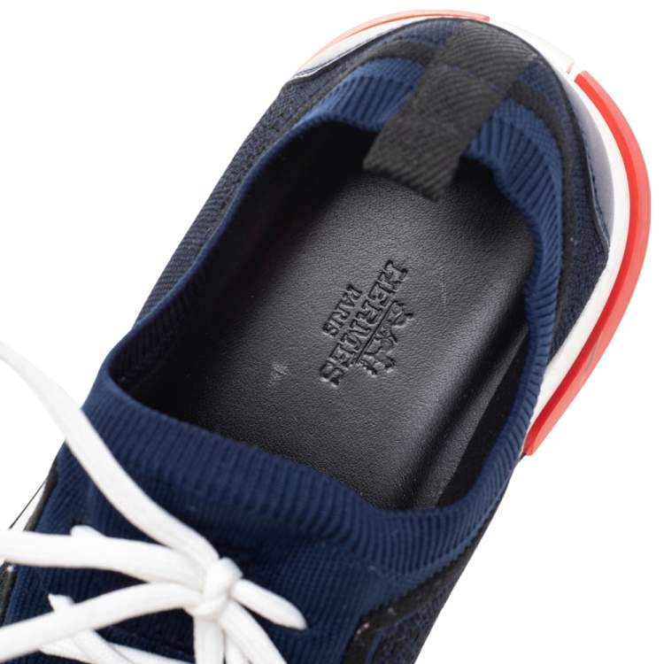 Pre Owned Hermes Blue/Black Knit Fabric And Suede Addict Low Top Sneakers Size 42