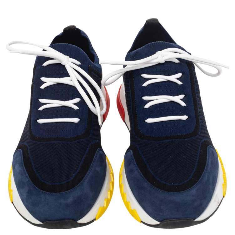 Pre Owned Hermes Blue/Black Knit Fabric And Suede Addict Low Top Sneakers Size 42
