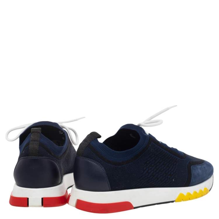 Pre Owned Hermes Blue/Black Knit Fabric And Suede Addict Low Top Sneakers Size 42