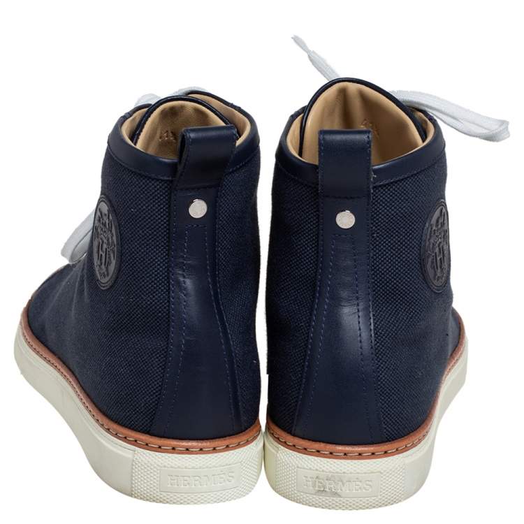 Pre Owned Hermes Navy Blue Canvas and Leather Jimmy High Top Sneakers Size 41.5