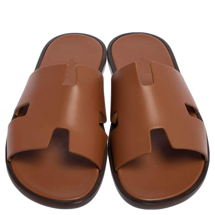Pre Owned Hermes Brown Leather Izmir Slides Sandals Size 43