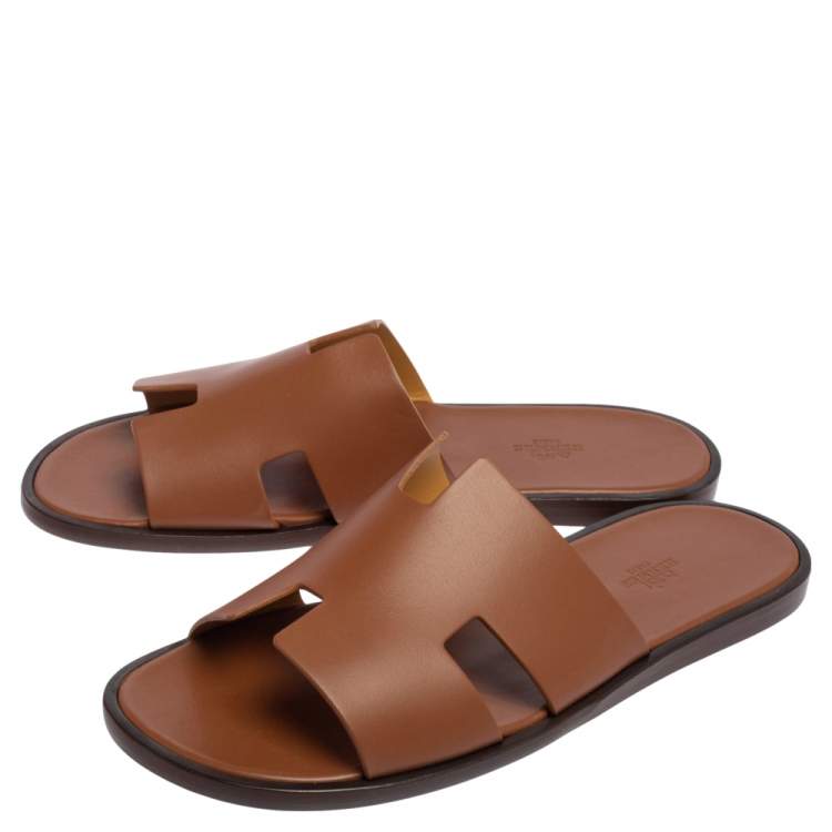 Pre Owned Hermes Brown Leather Izmir Slides Sandals Size 43