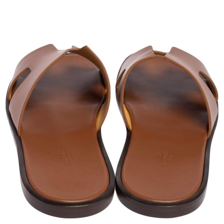 Pre Owned Hermes Brown Leather Izmir Slides Sandals Size 43