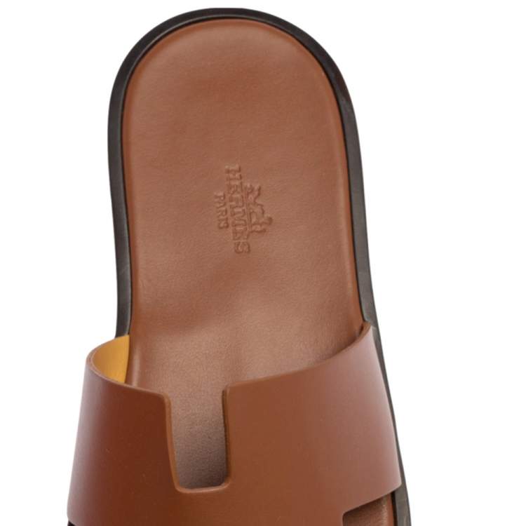 Pre Owned Hermes Brown Leather Izmir Slides Sandals Size 43