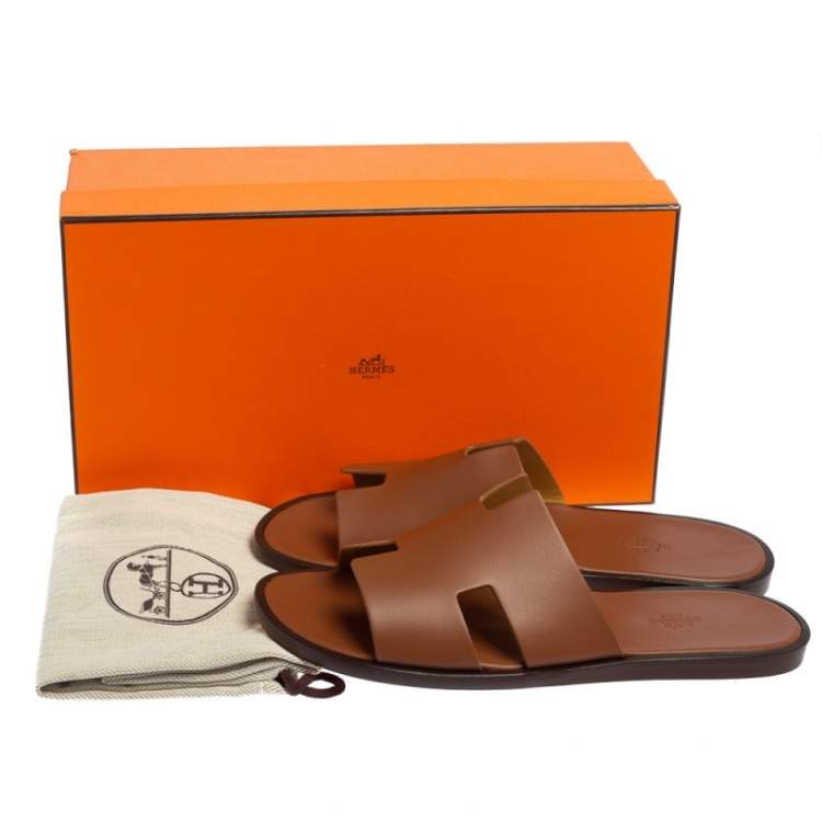 Pre Owned Hermes Brown Leather Izmir Slides Sandals Size 43