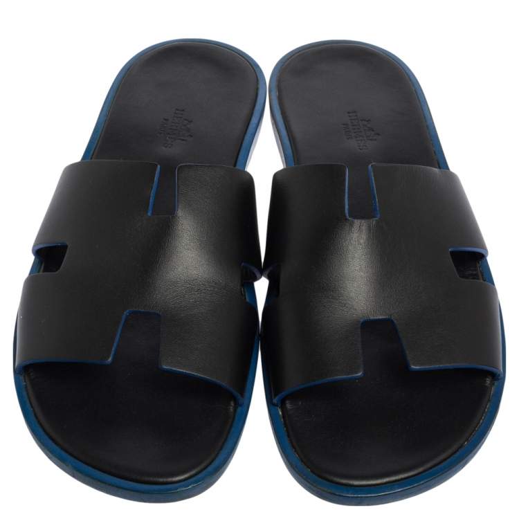 Pre Owned Hermès Black Leather Izmir Slide Flats Size 42.5