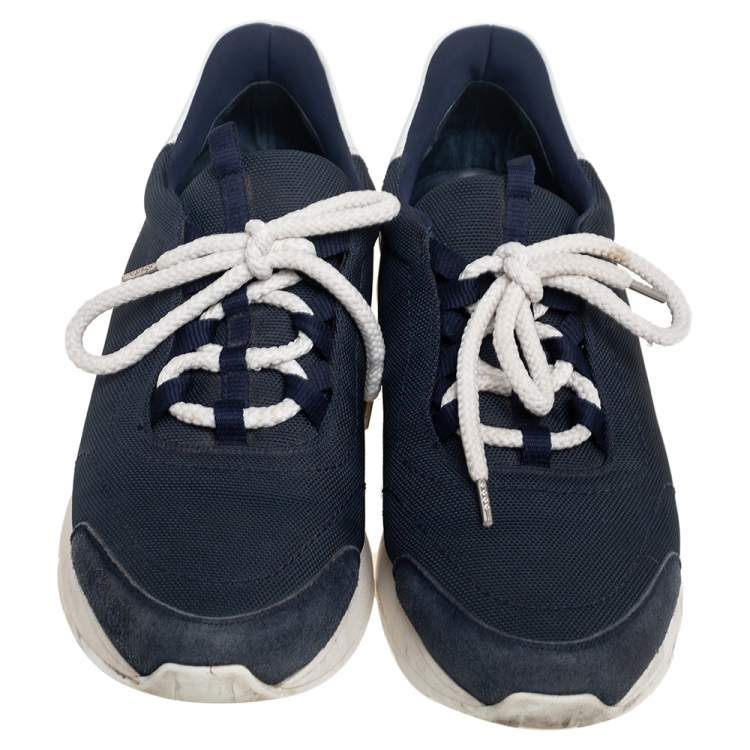 Pre Owned Hermés Blue/White Fabric And Leather Miles Low Top Sneakers Size 42