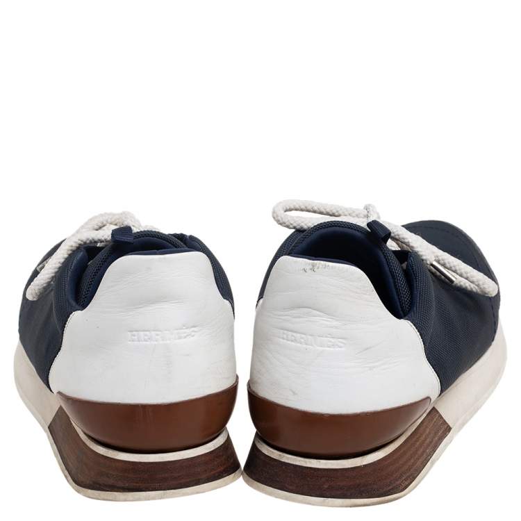 Pre Owned Hermés Blue/White Fabric And Leather Miles Low Top Sneakers Size 42