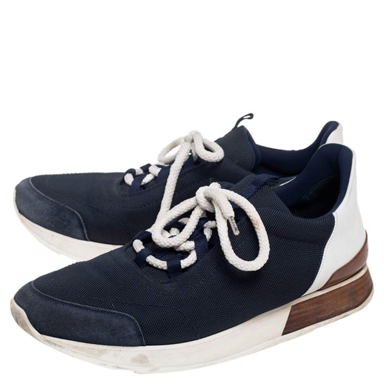 Pre Owned Hermés Blue/White Fabric And Leather Miles Low Top Sneakers Size 42