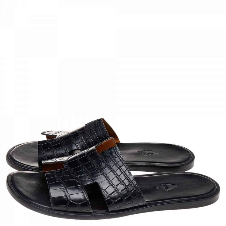 مملوكة مسبقًا Hermes Black Alligator Leather Izmir Flat Sandals Size 43