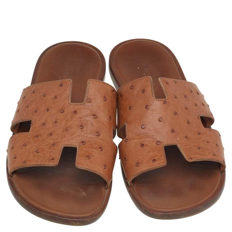 Pre Owned Hermes Brown Ostrich Leather Izmir Slide Sandals Size 43