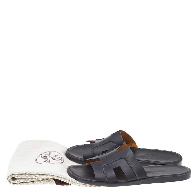 Pre Owned Hermes Black Leather Izmir Flat Slide Sandals Size 42