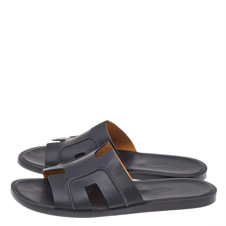 Pre Owned Hermes Black Leather Izmir Flat Slide Sandals Size 42