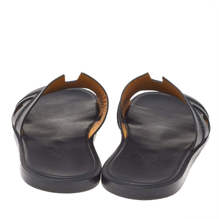 Pre Owned Hermes Black Leather Izmir Flat Slide Sandals Size 42