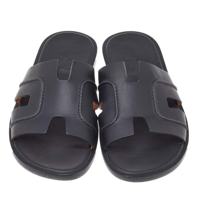 Pre Owned Hermes Black Leather Izmir Flat Slide Sandals Size 42